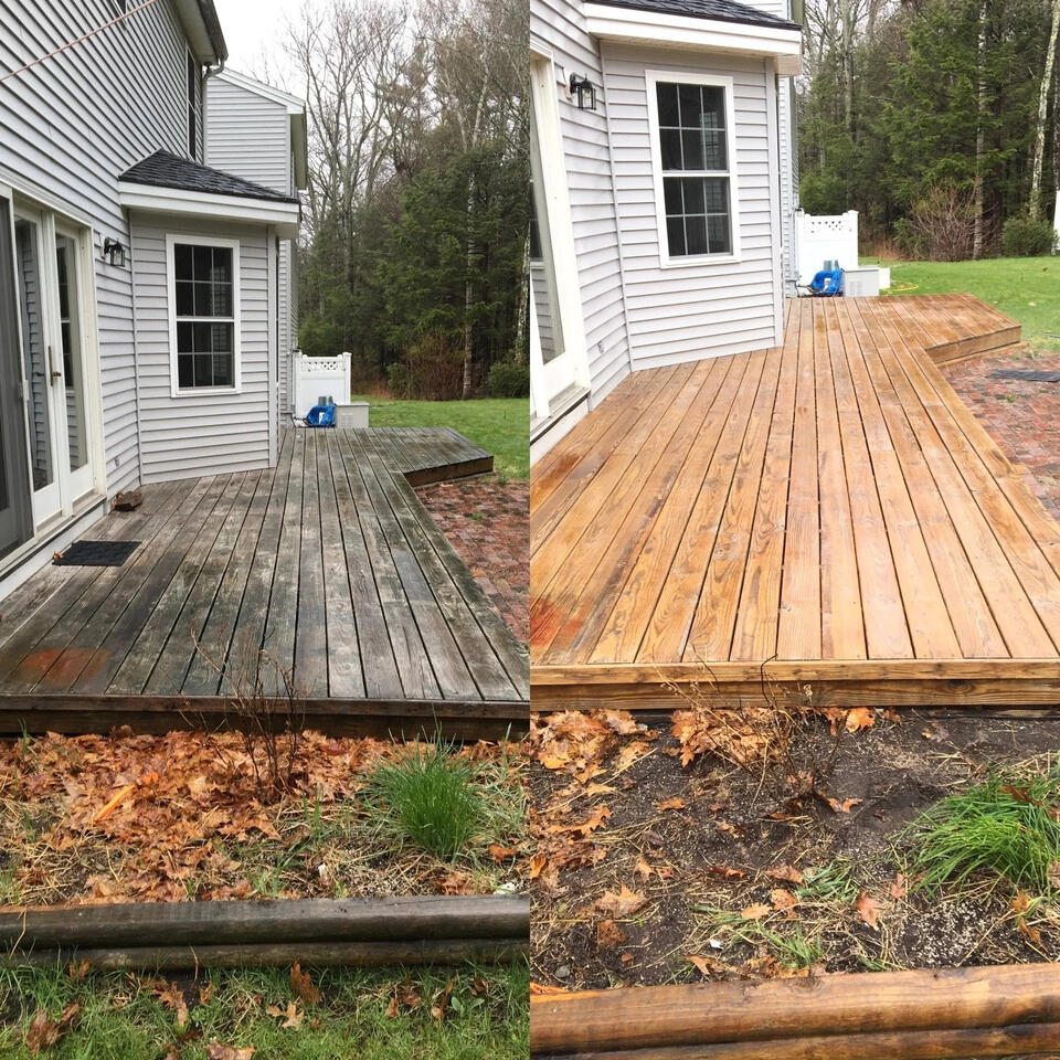 Pressure washed deck in Munster Before and after of power washing a wooden deck in Munster, Indiana